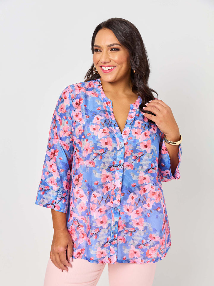 V-Insert Button Thru Print Cotton Shirt - Cherry Blossom