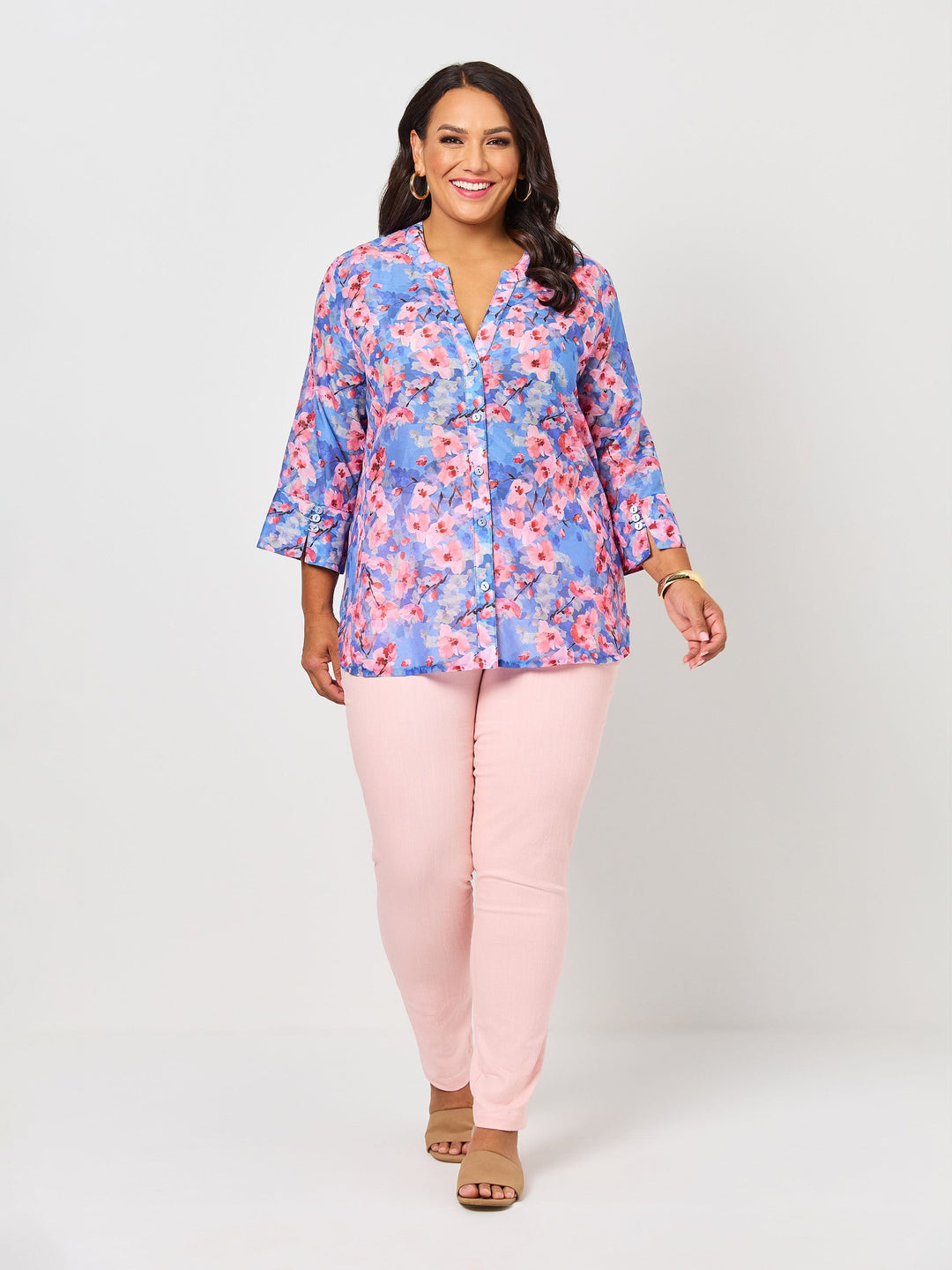 V-Insert Button Thru Print Cotton Shirt - Cherry Blossom