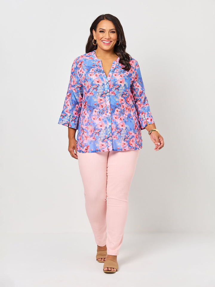 V-Insert Button Thru Print Cotton Shirt - Cherry Blossom