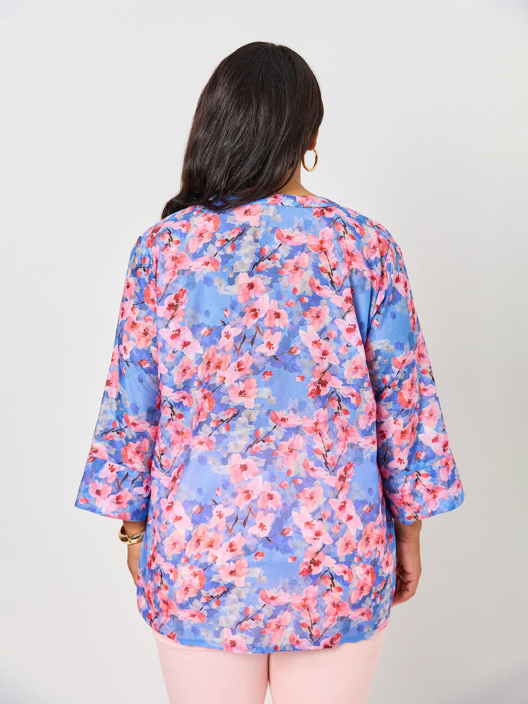 V-Insert Button Thru Print Cotton Shirt - Cherry Blossom