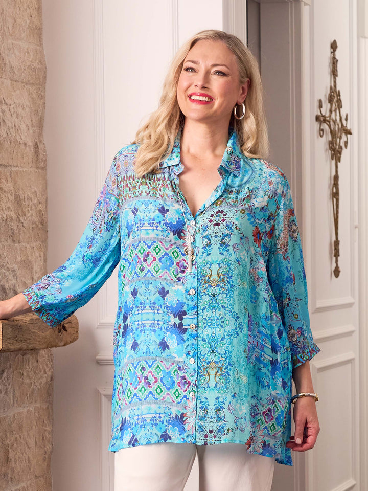 Harper Print Collared Shirt - Blue