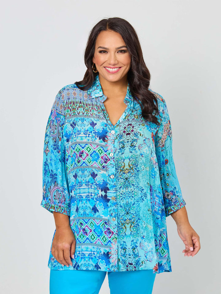 Harper Print Collared Shirt - Blue