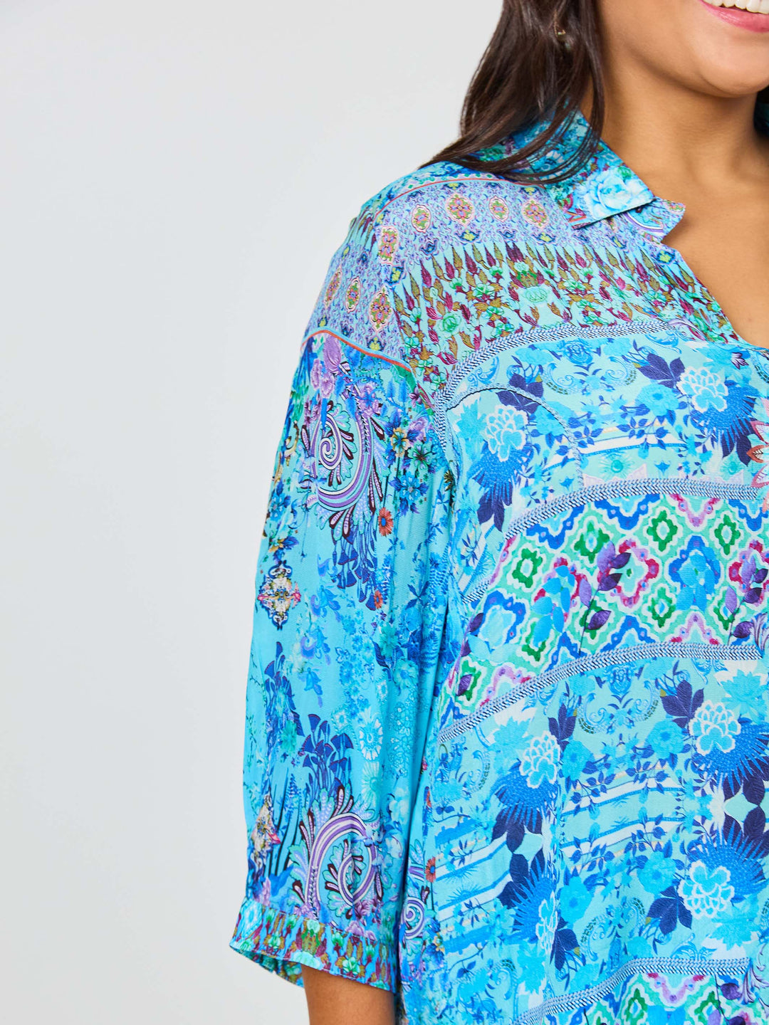 Harper Print Collared Shirt - Blue