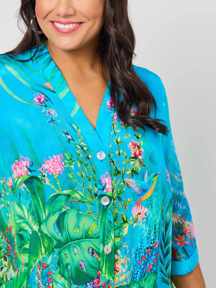 Sienna Print Button Thru Top - Aqua