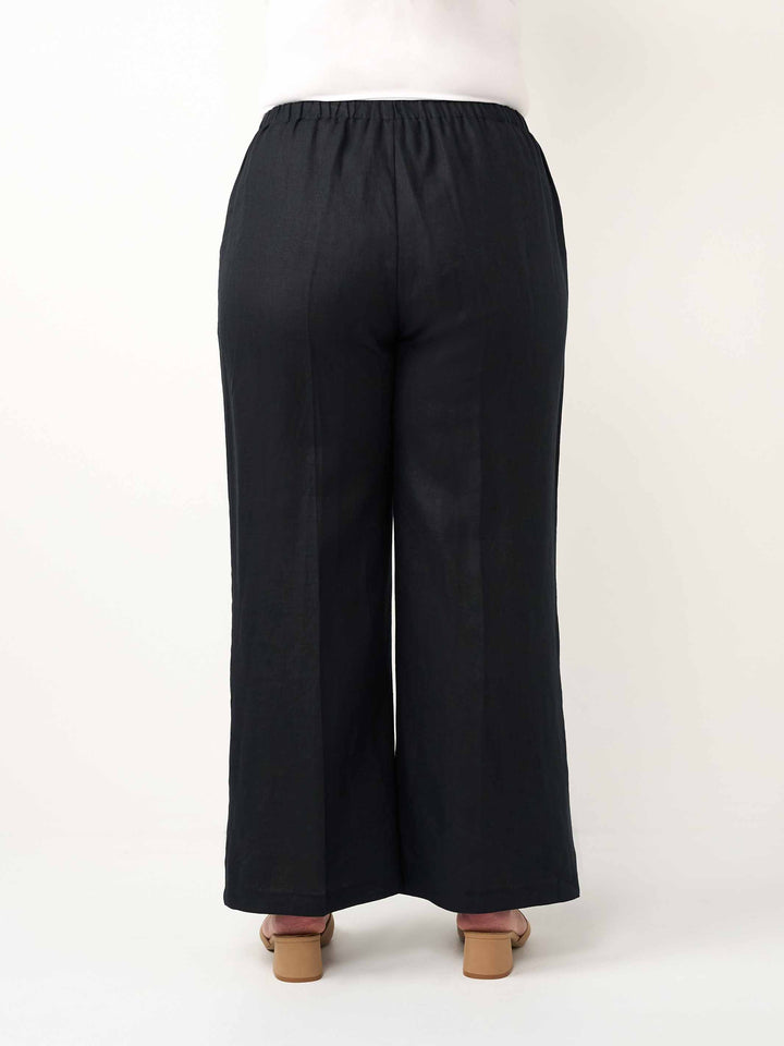 Black wide-leg cropped pants shown from the back on a model, featuring an elastic waistband and a straight, relaxed leg silhouette.