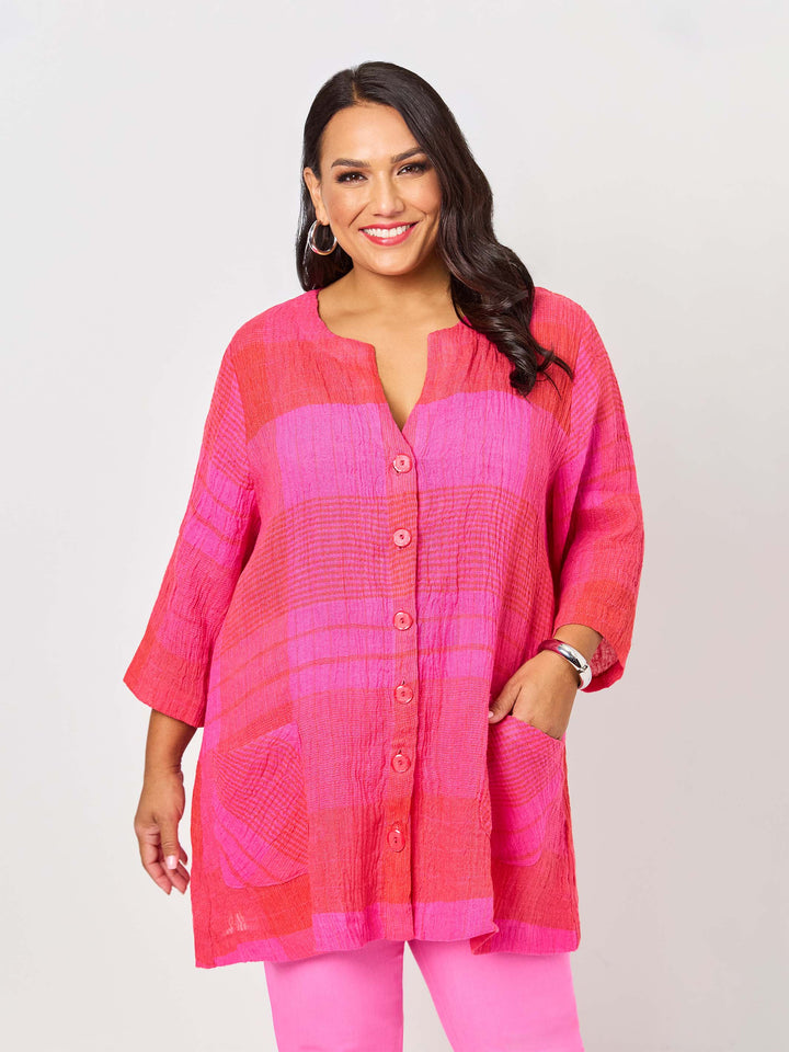 Crinkle Check Linen Jacket - Hot Pink