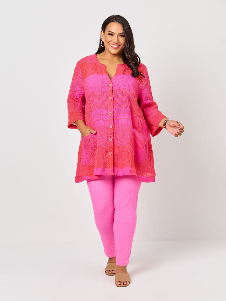 Crinkle Check Linen Jacket - Hot Pink