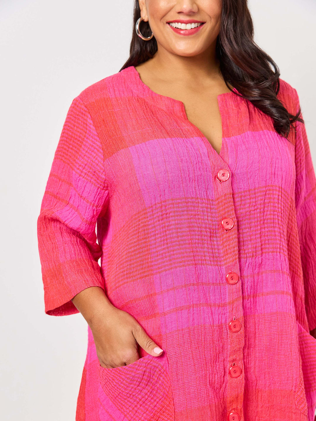 Crinkle Check Linen Jacket - Hot Pink
