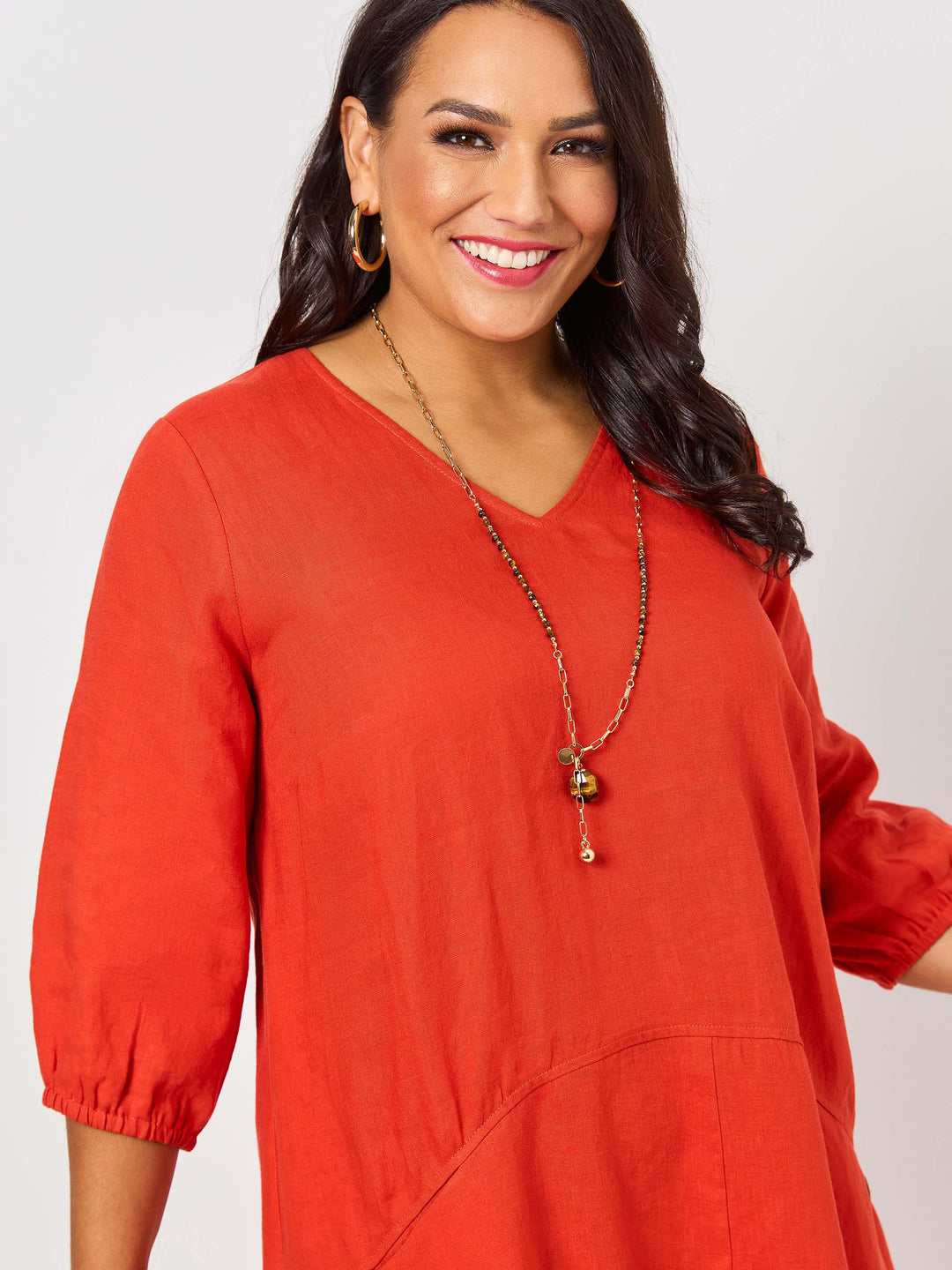 Havana V-Neck 2 Pocket Linen Dress - Tuscany Red