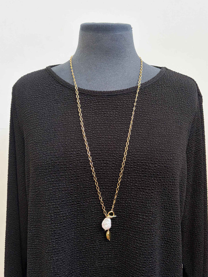 Long Gold Chain with Pearl Fob Necklace