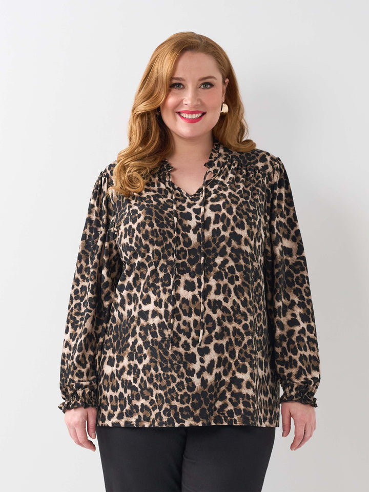 Shirred Cuff Stretch Top - Embossed Leopard