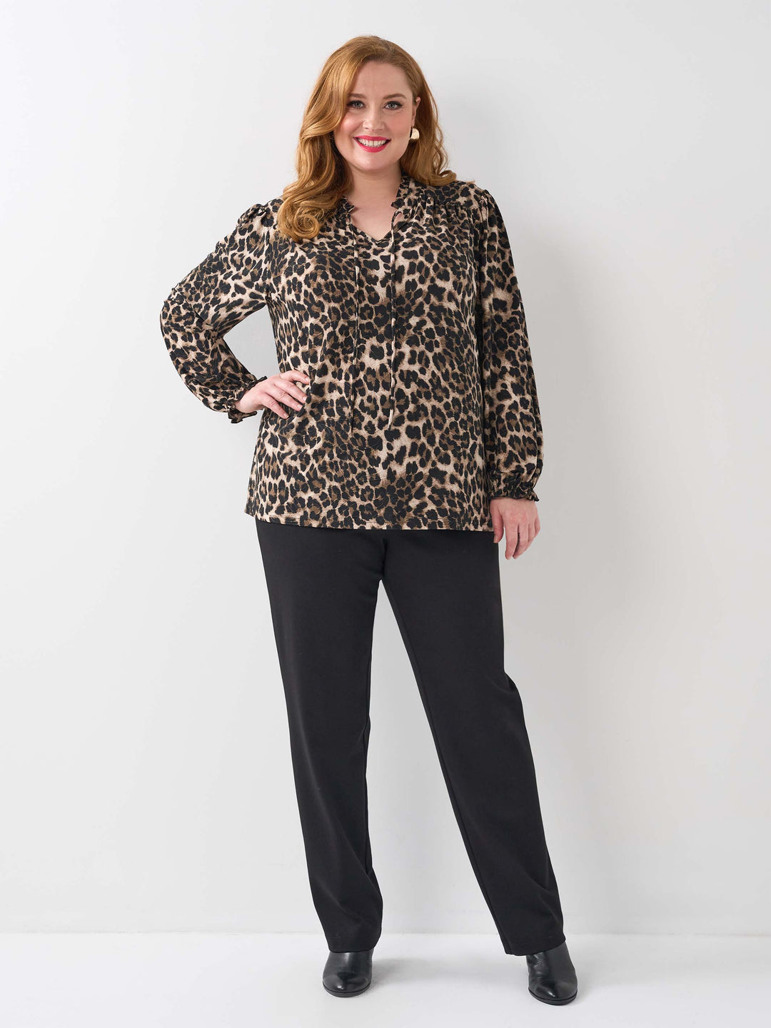Shirred Cuff Stretch Top - Embossed Leopard