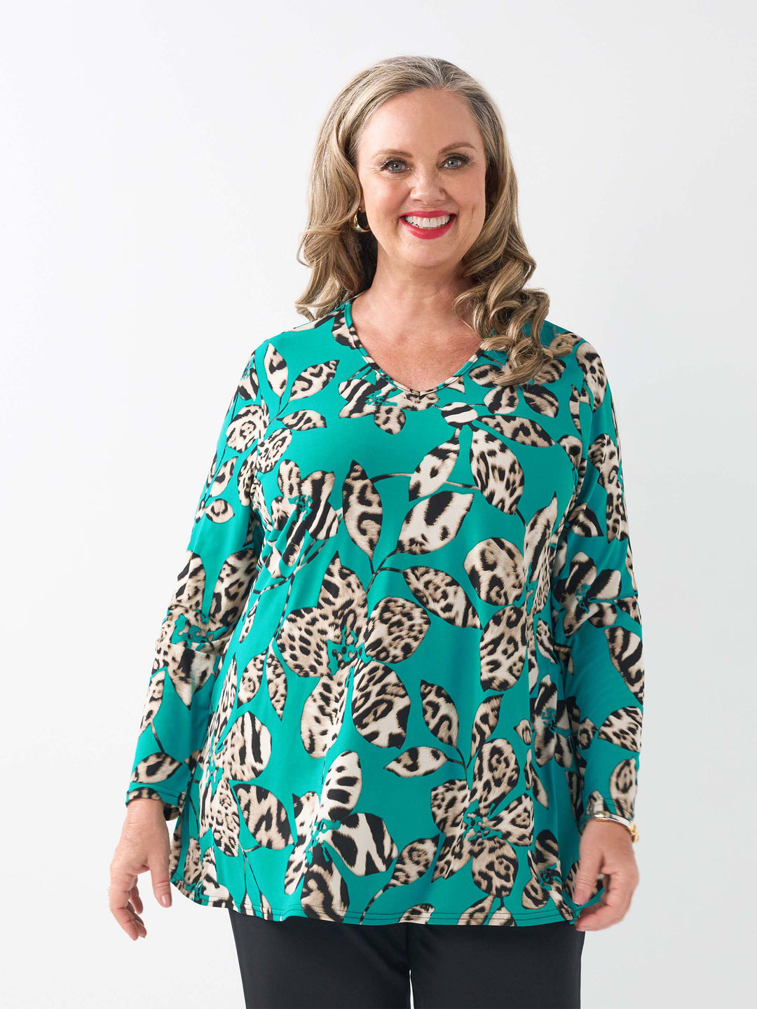 V-Neck Swing Top - Leopard Leaves