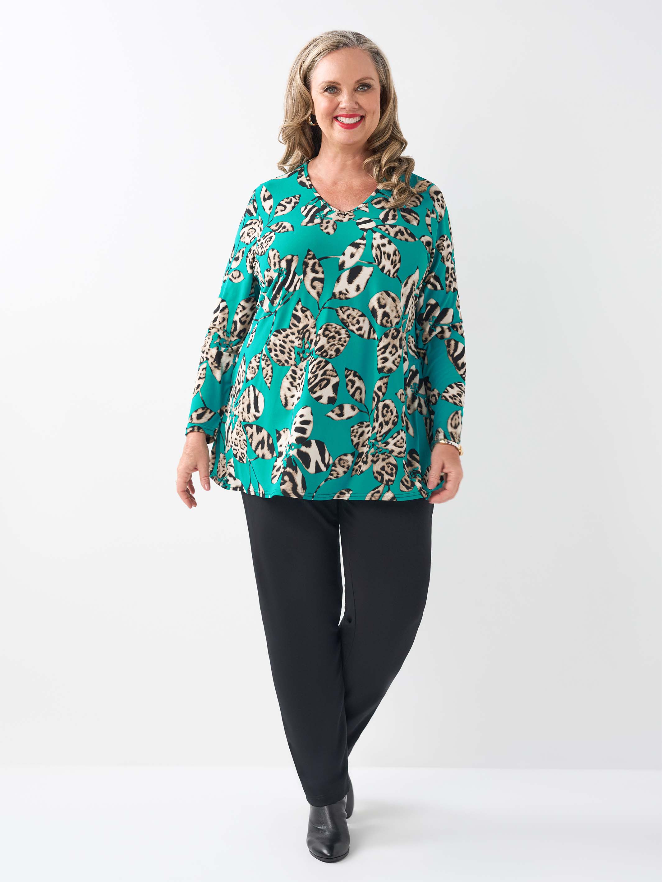Buy Plus Size V-Neck Swing Top - Leopard Leaves Online