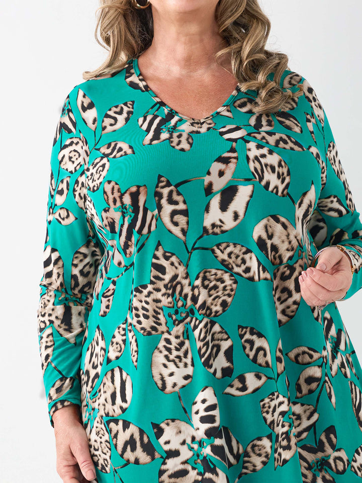 V-Neck Swing Top - Leopard Leaves