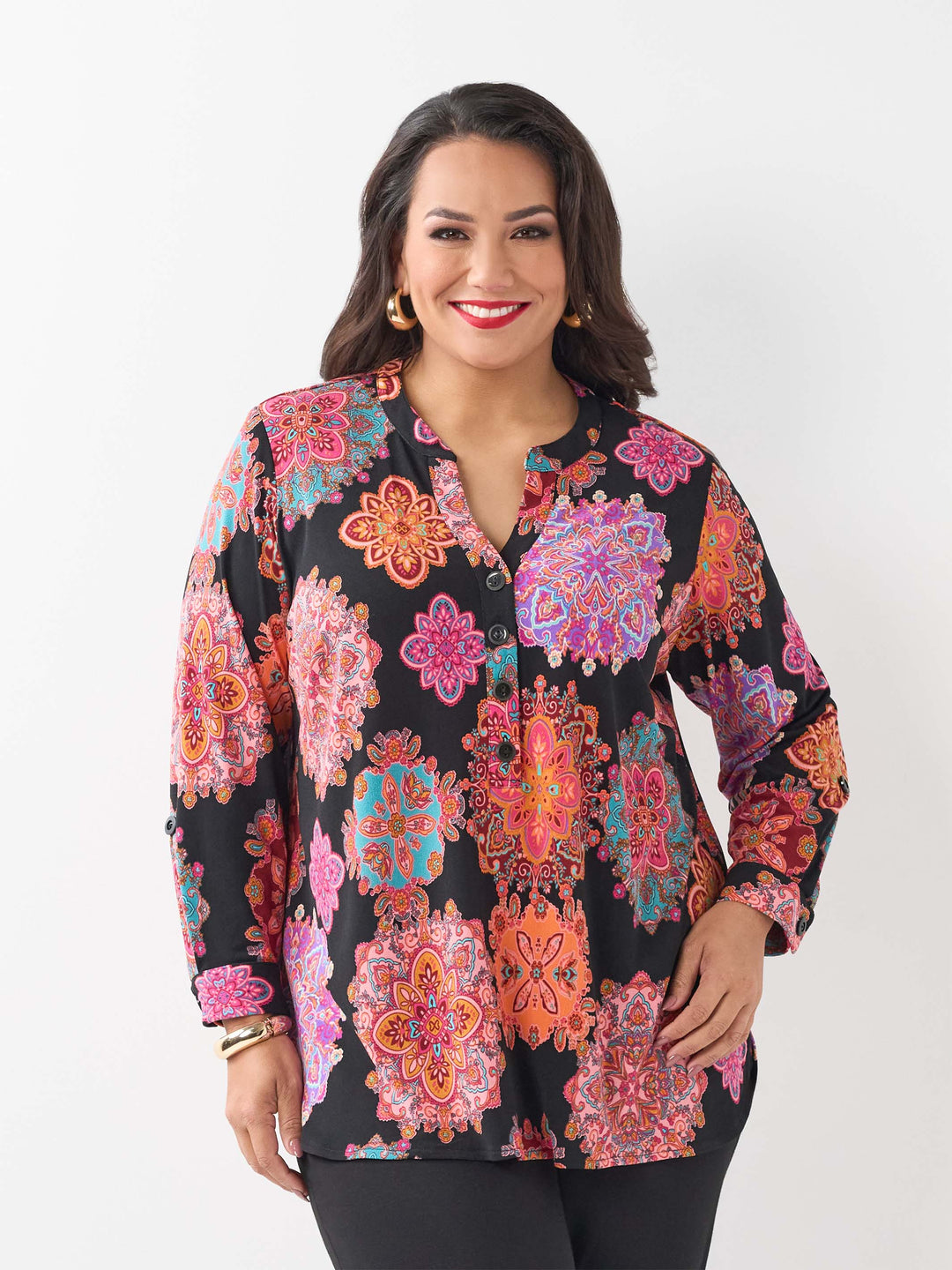 Placket Neck Printed Jeresey Top - Magic Medallions
