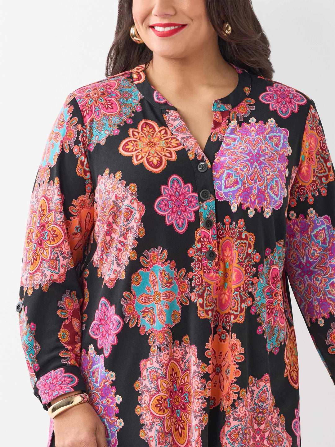 Placket Neck Printed Jeresey Top - Magic Medallions