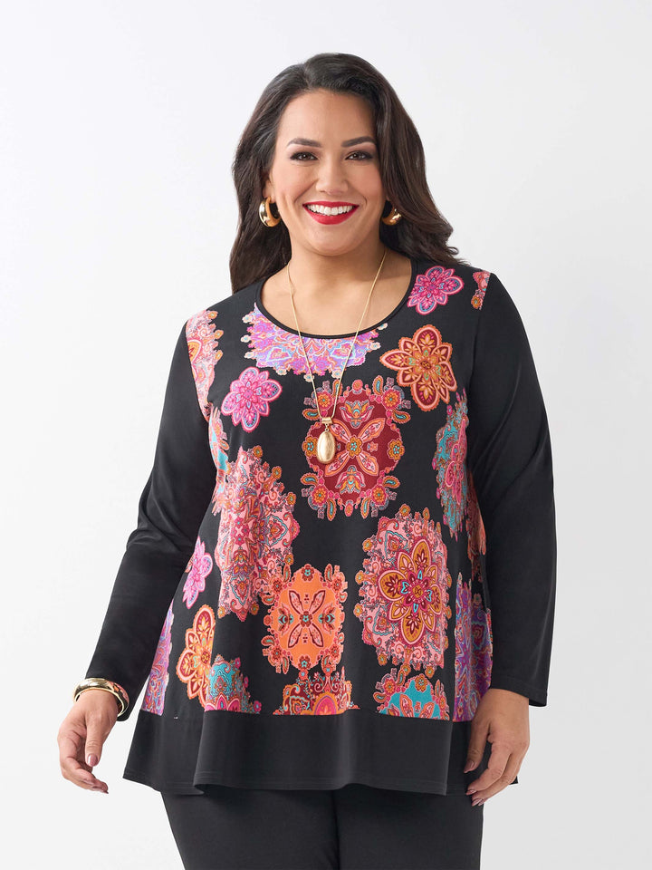 Round Neck Printed Contrast Top - Magic Medallions