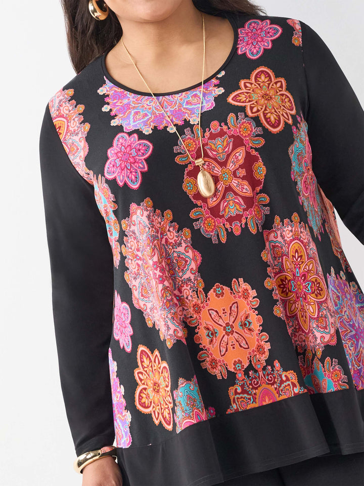 Round Neck Printed Contrast Top - Magic Medallions
