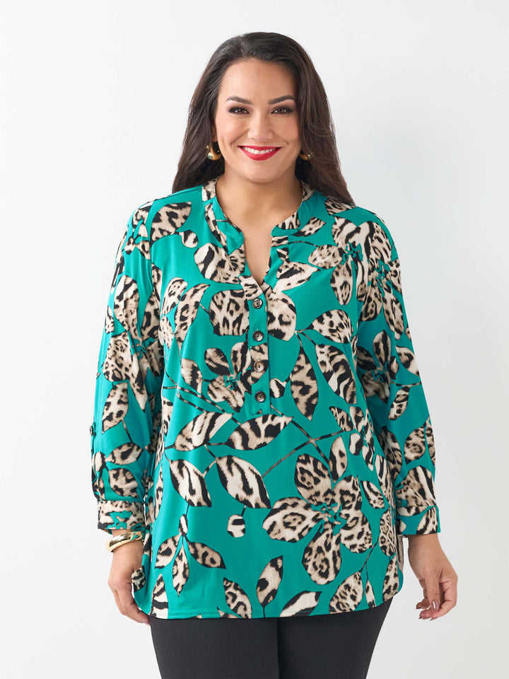 Placket Neck Printed Top - Leopard Leaves