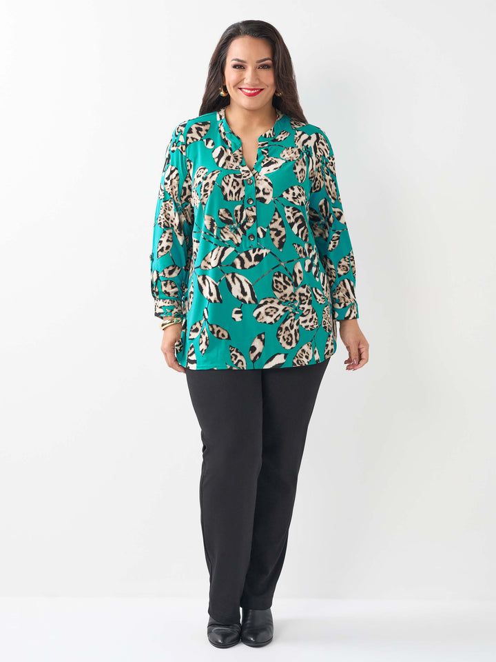 Placket Neck Printed Top - Leopard Leaves