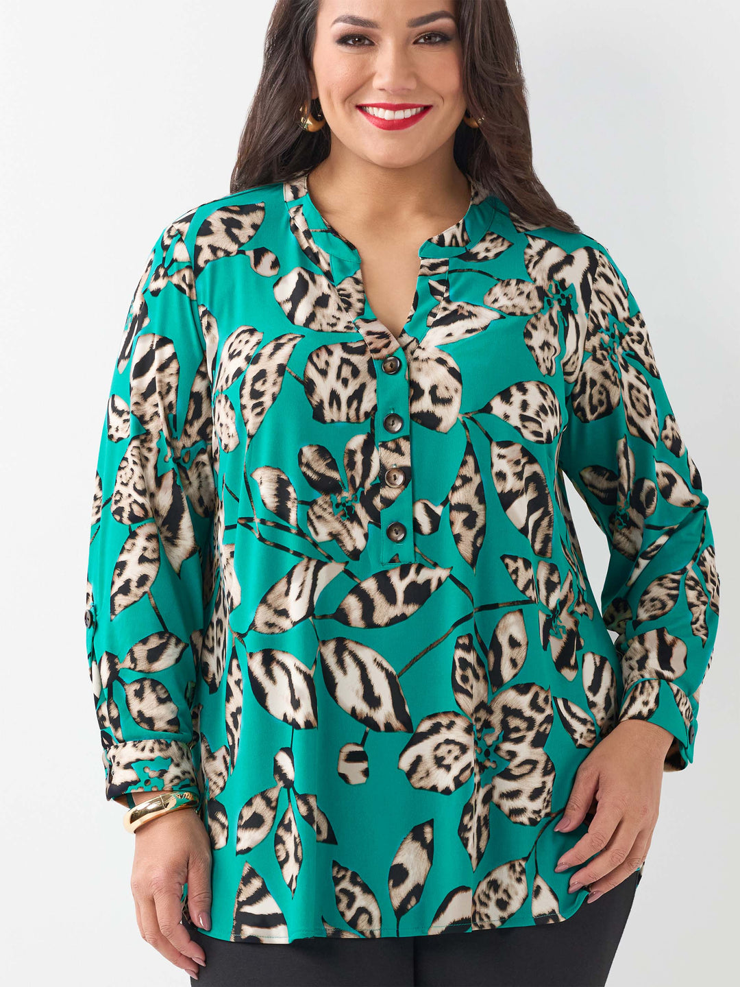 Placket Neck Printed Top - Leopard Leaves
