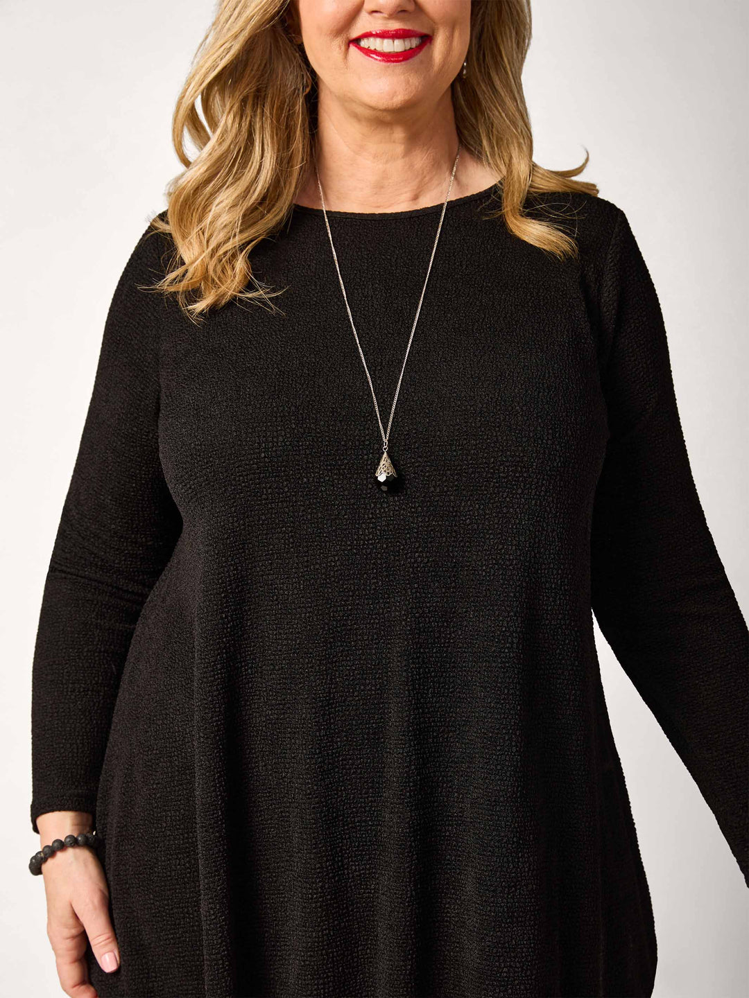 Boat Neck Swing Popcorn Top - Black