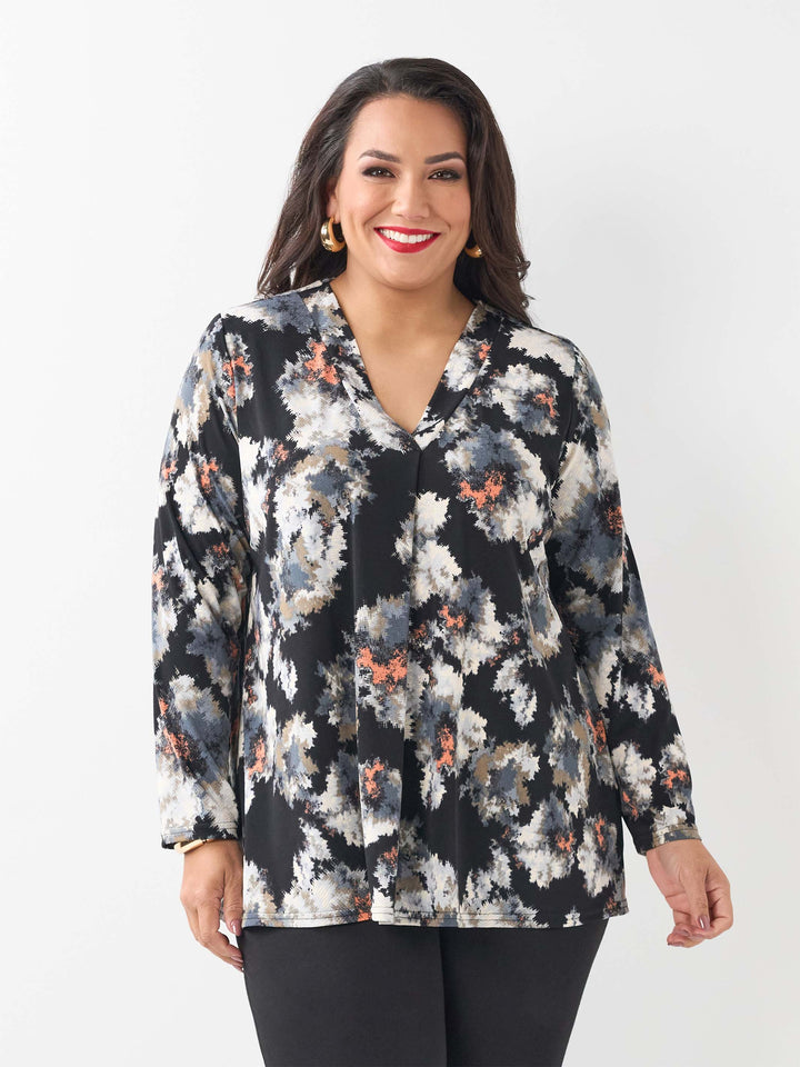 Printed V-Neck Band Top - Wispy Flowers