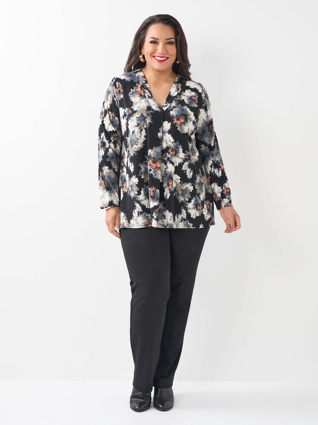 Printed V-Neck Band Top - Wispy Flowers