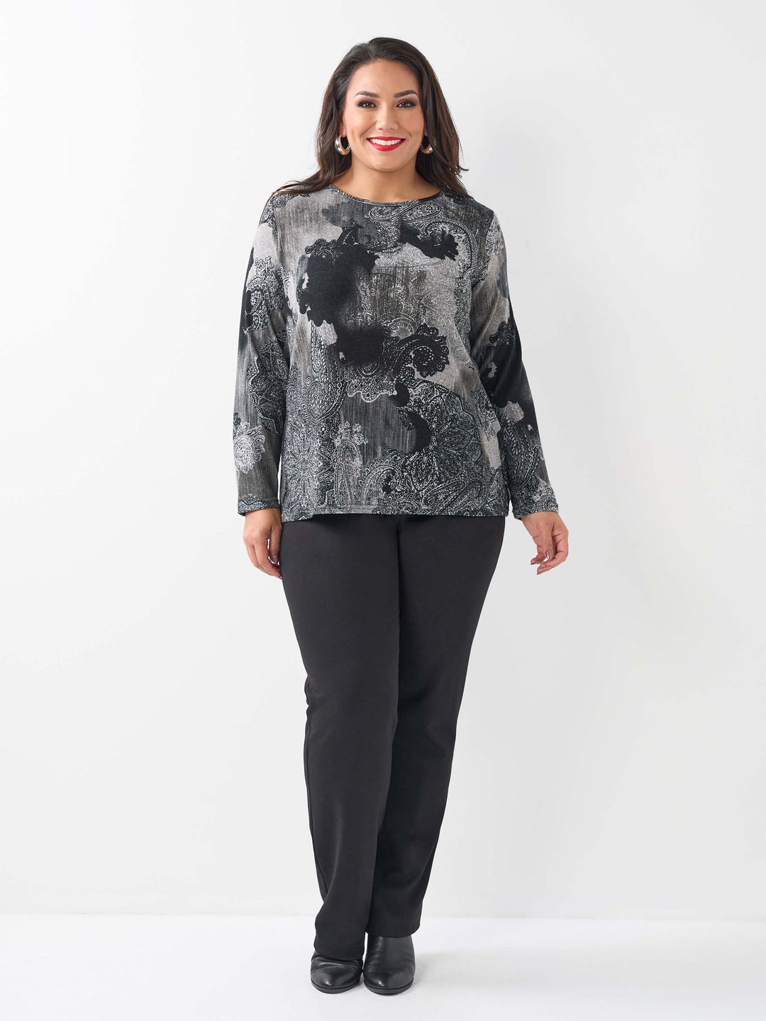 Printed Long Sleeve Basic Top - Overcast