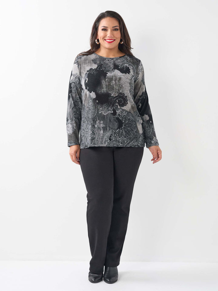 Printed Long Sleeve Basic Top - Overcast