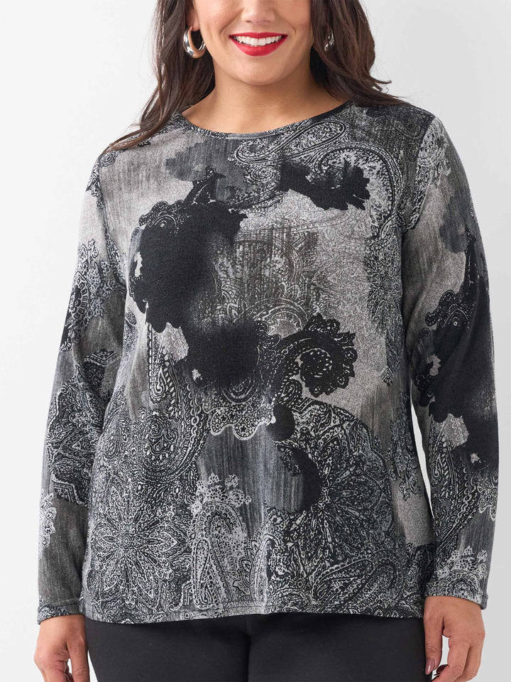 Printed Long Sleeve Basic Top - Overcast