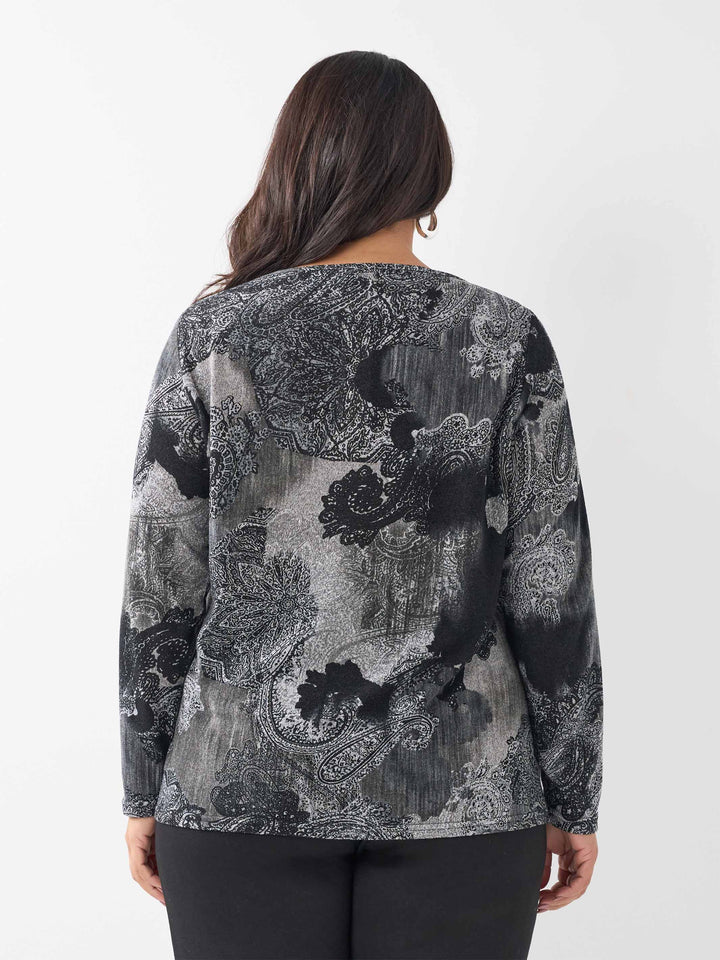 Printed Long Sleeve Basic Top - Overcast