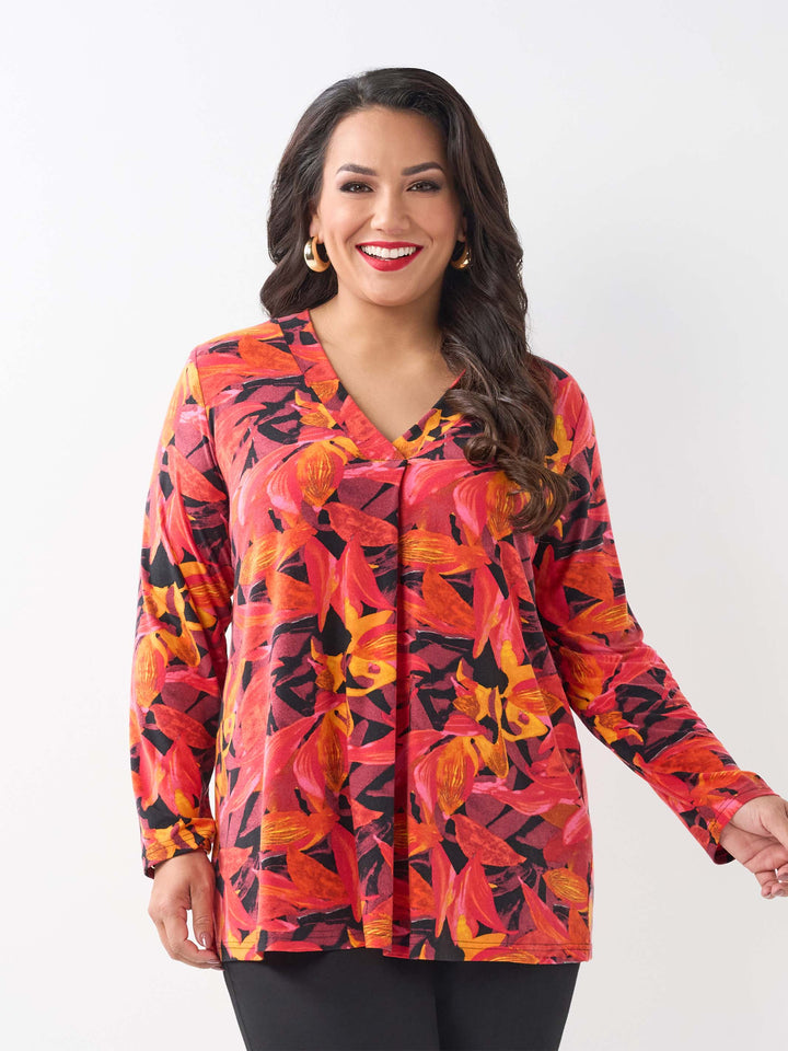 Printed V-Neck Band Top - Flamboyant