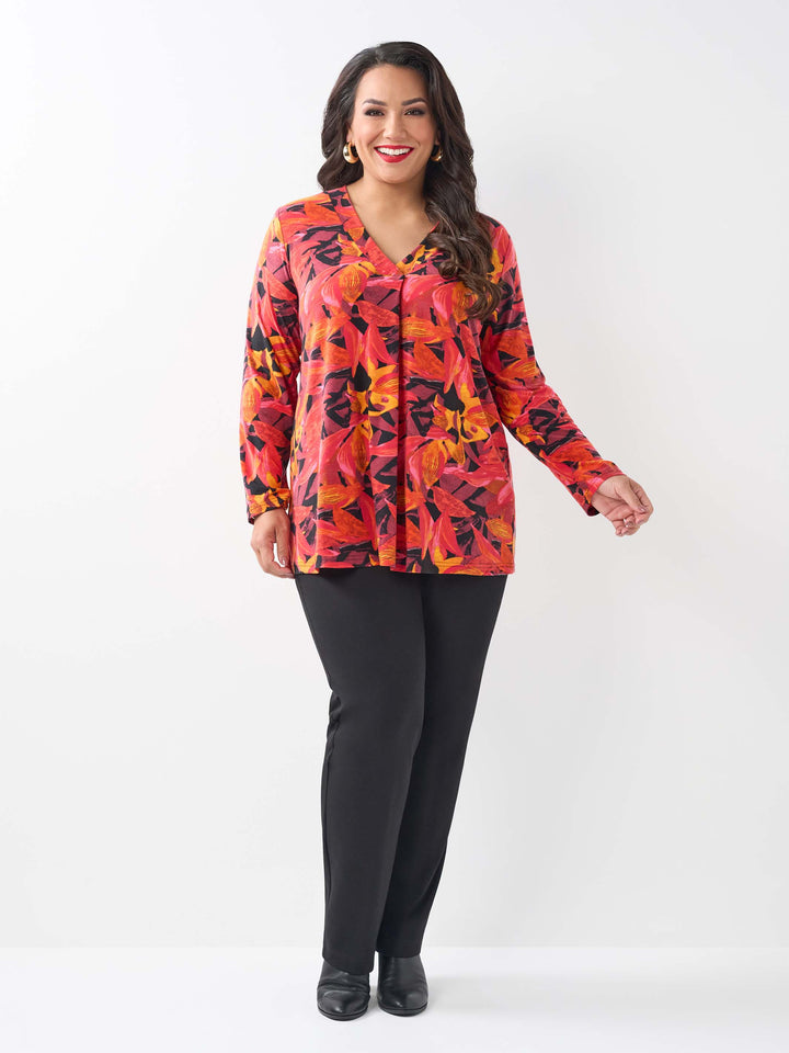 Printed V-Neck Band Top - Flamboyant