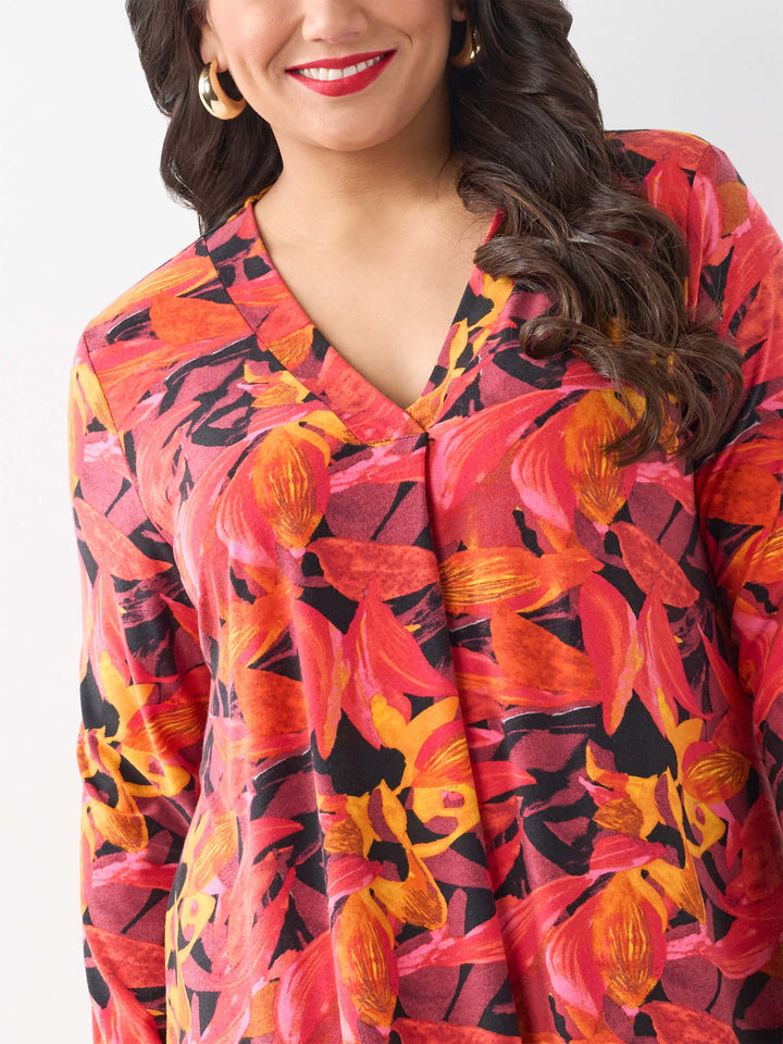 Printed V-Neck Band Top - Flamboyant