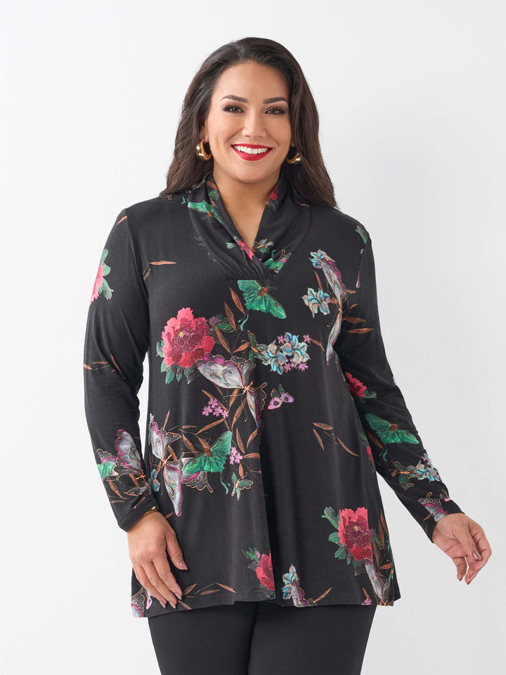 Gathered Neck Printed Top - Butterfly Gardens