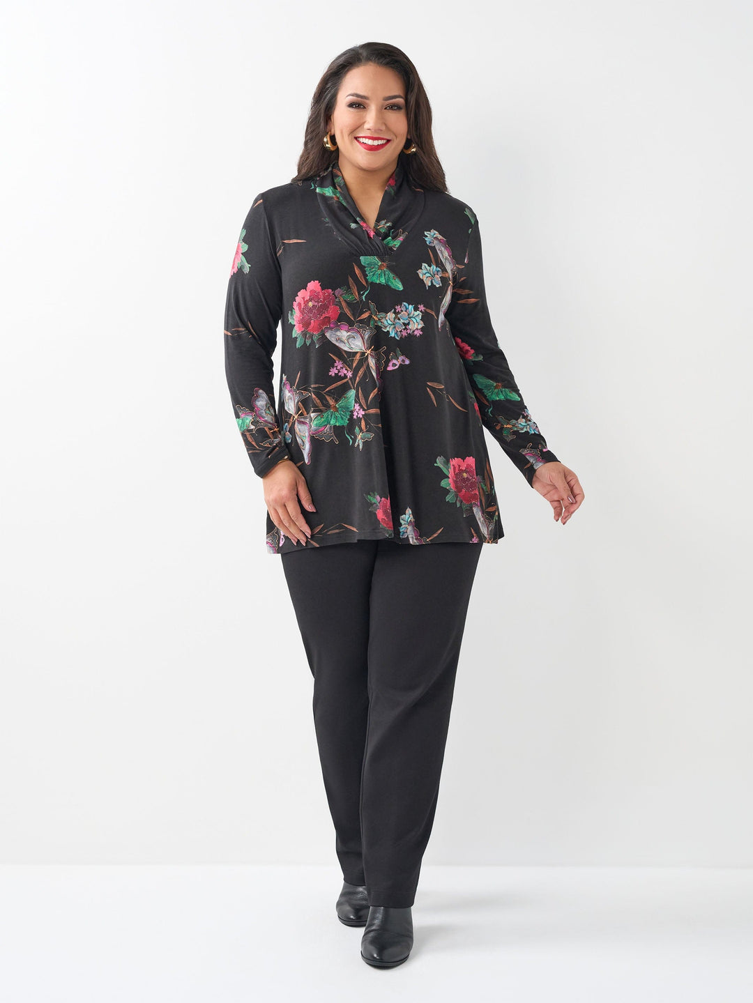 Gathered Neck Printed Top - Butterfly Gardens