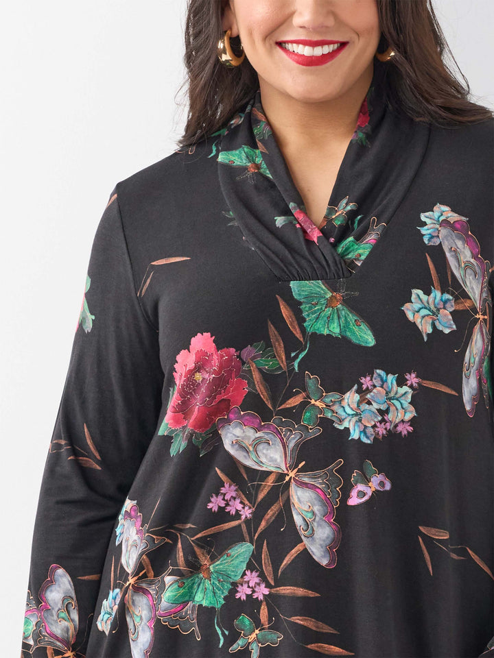 Gathered Neck Printed Top - Butterfly Gardens