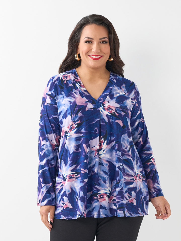Printed V-Neck Band Top - Iris Blooms