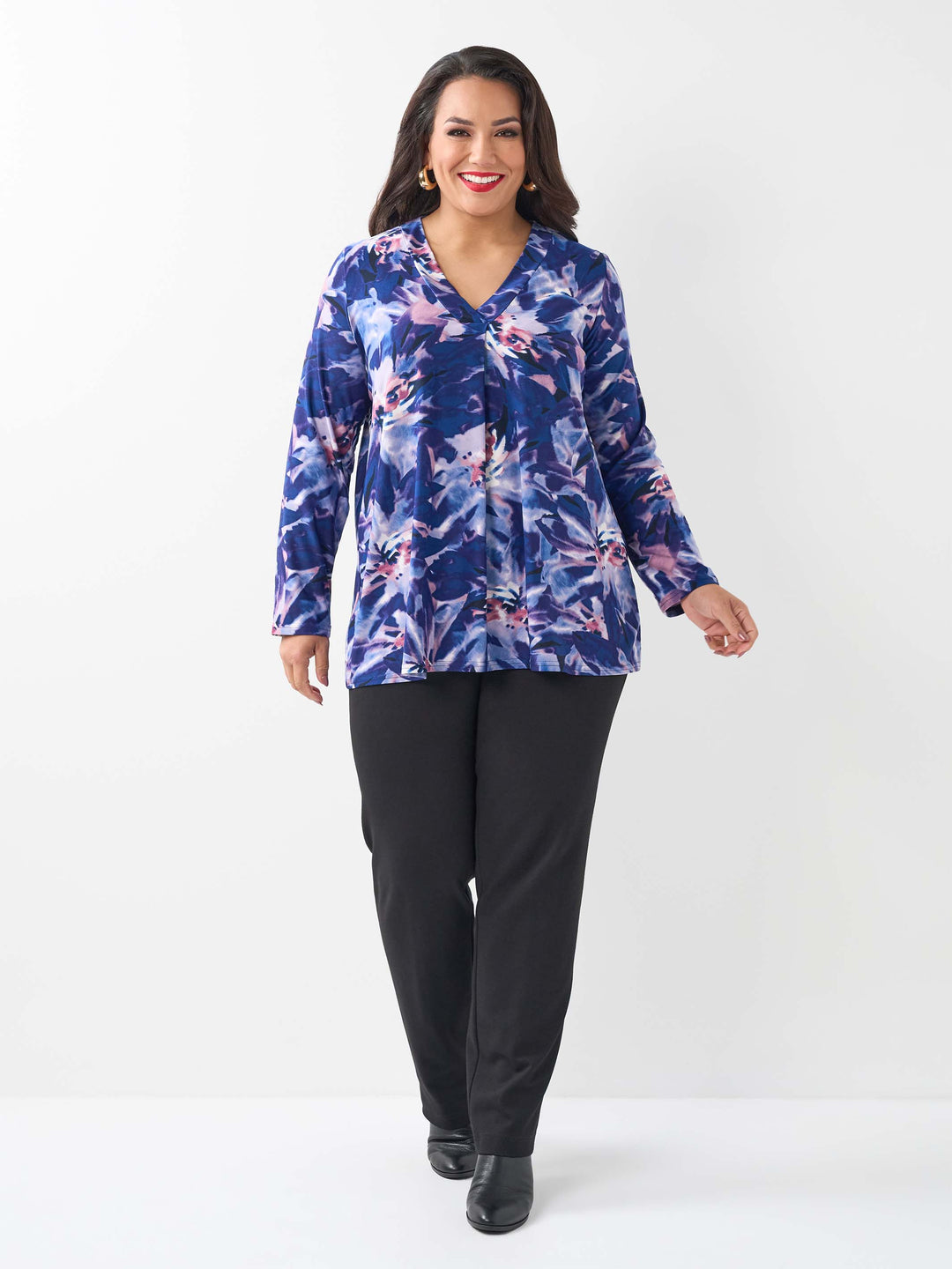 Printed V-Neck Band Top - Iris Blooms