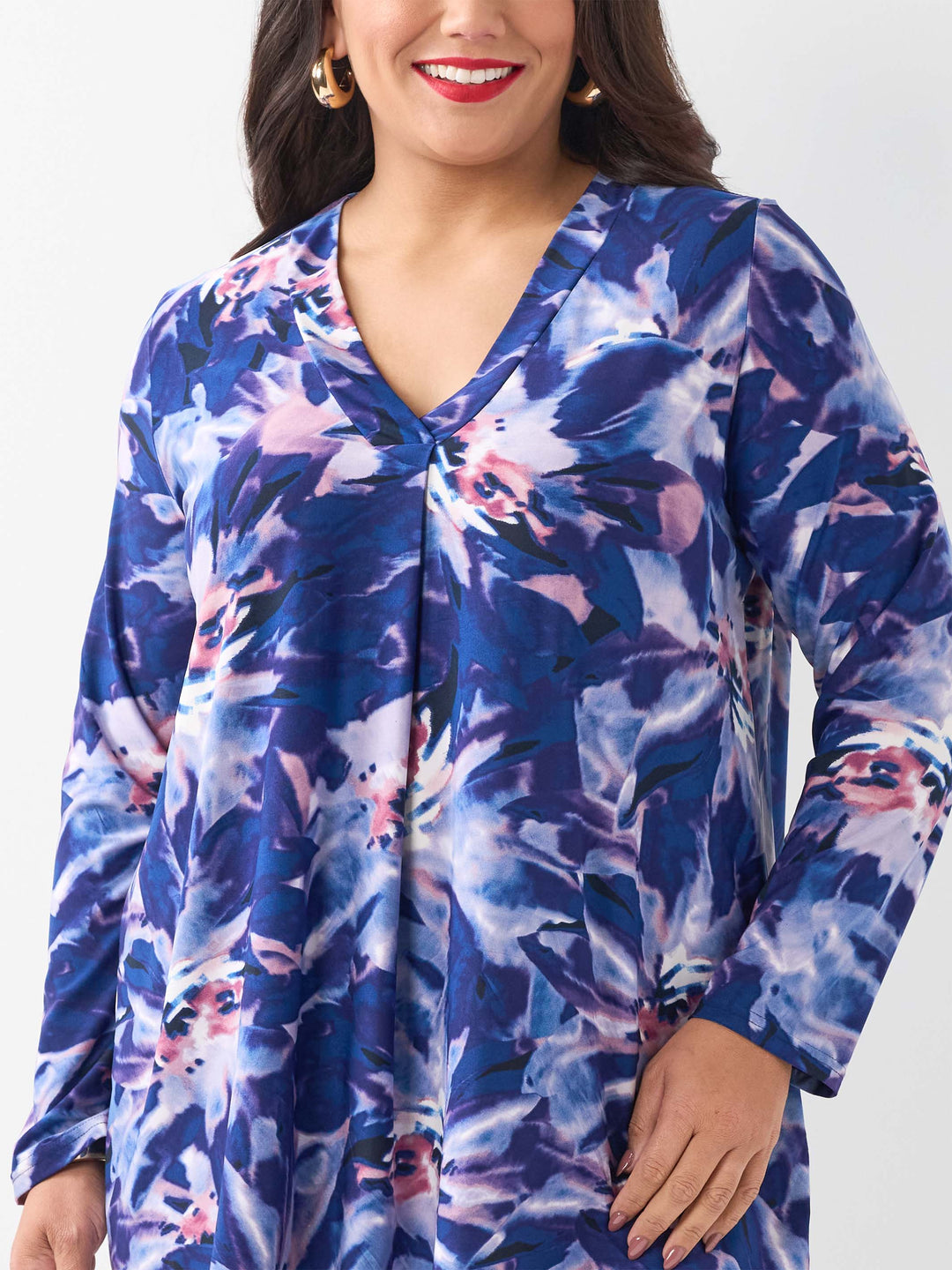 Printed V-Neck Band Top - Iris Blooms