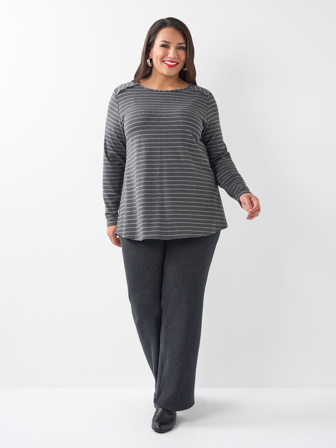 Button Shoulder Stripe Tee - Slate