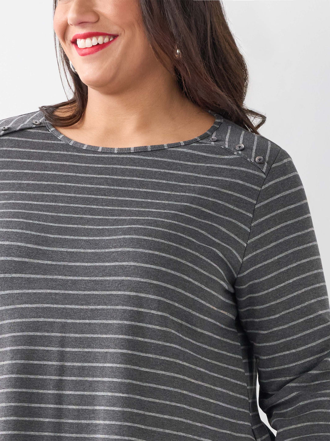 Button Shoulder Stripe Tee - Slate