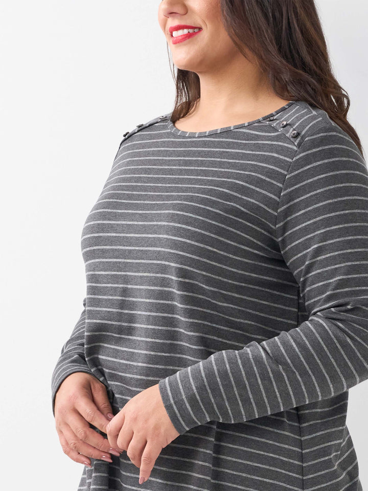 Button Shoulder Stripe Tee - Slate