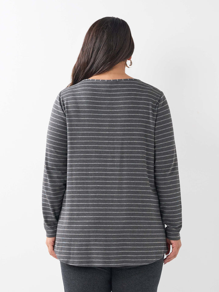 Button Shoulder Stripe Tee - Slate
