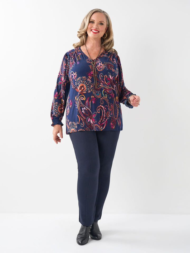 Shirred Cuff Stretch Top - Classic Fleur