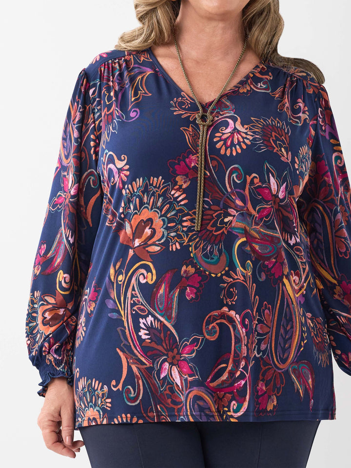 Shirred Cuff Stretch Top - Classic Fleur