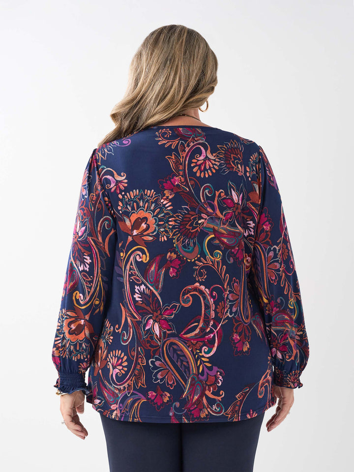 Shirred Cuff Stretch Top - Classic Fleur