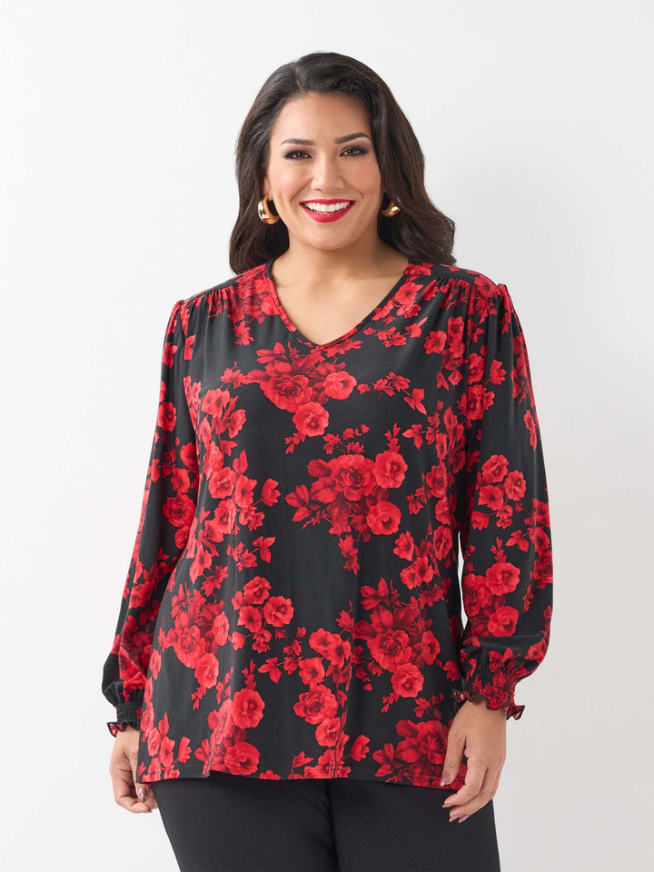 Shirred Cuff Stretch Top - Rose Garden